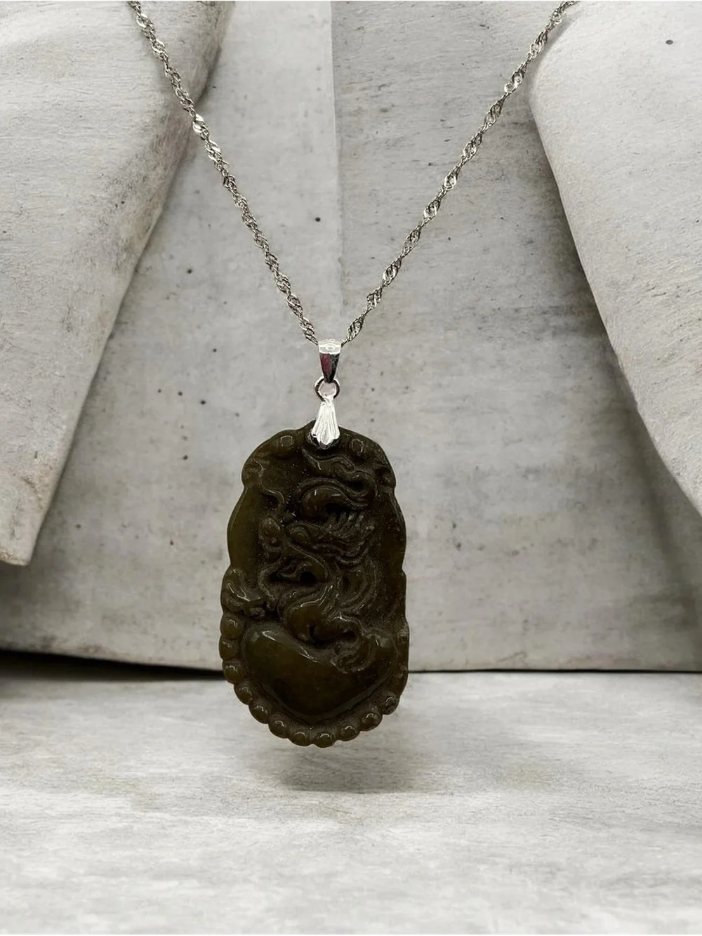 Olive Green Carved Jade Dragon Pendant Necklace